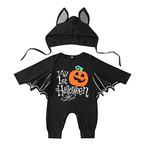 Psafagsa Bébé Garçon Fille Halloween Vêtements Citrouille Squelette Chauve-souris Grenouillère My First Halloween Onesie Body pour Nouveau-né Combinaison pour Bébé Tenues chauve-souris 3-6 Mois Cover