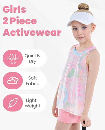Image of Gogokids Girls 2 Piece Activewear Set, Tulle Sleeveless Tank Tops and Athletic Shorts
