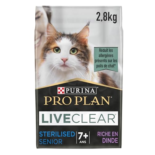 PURINA PRO PLAN – Liveclear – Chat Senior – Stérilisé – Croquettes Riches En Dinde – Réduit activement les allergènes présents dans les poils de chat – Sac – 2,8Kg