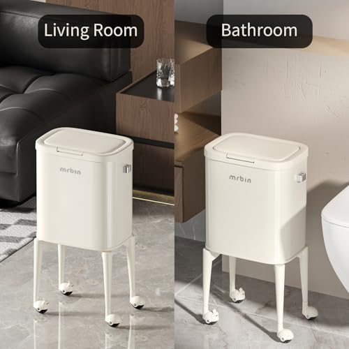 Image of MRBIN Metal Kitchen Trash Can with Wheel Legs, 23L /6.1gal Medium Press on Lid Slim Removable Waste Basket, Pet Proof Garbage Pail for Bedroom, Living Room, Cream White