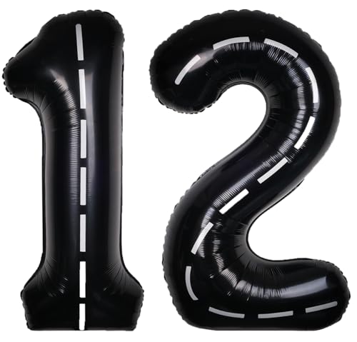 Image of Race Car 40 Inch Black 12 Big Large Helium Balloon Number 0-9 | Track Giant Digital 12th Foil Mylar Party Balloons for Men Birthday Car Theme Party Anniversary Graduation Decorations