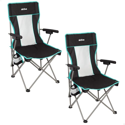 AKTIVE Pack 2 sillas Plegables Camping Deluxe, Respaldo de Rejilla Transpirable, Estructura de Acero, Posavasos, Bolsa de Transporte, para Camping y Exteriores (63126)