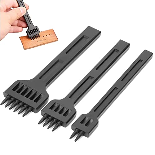 Juego de Herramientas Perforadora de Cuero 3 Piezas Tenedores para Coser Cuero Acero de alto Carbono Cincel 2/4/6 Puntas Herramientas Perforación Dientes Cuero(4 mm) Cover