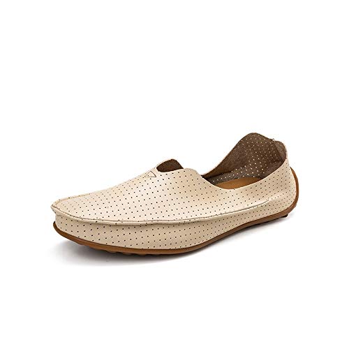 Summer Breathable Perforated Casual Shoes for Men PU Leather Comfortable Lightweight Flat Loafers Anti-Slip Slip-on Round Toe(Creamy White,10 M US)