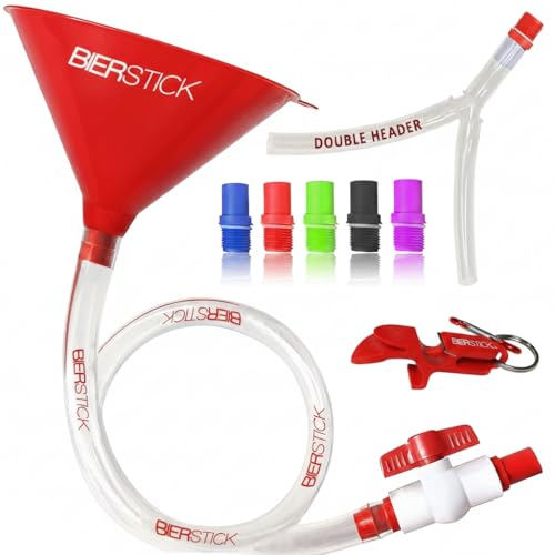 Beer Bong Tube and Funnel - with Valve Optional Single or Double Header Y-Attachment 5 Interchangeable Mouthpieces Shotgun Keychain Tool - Kink-Free Hose for Bierstick Beerbong (Red)