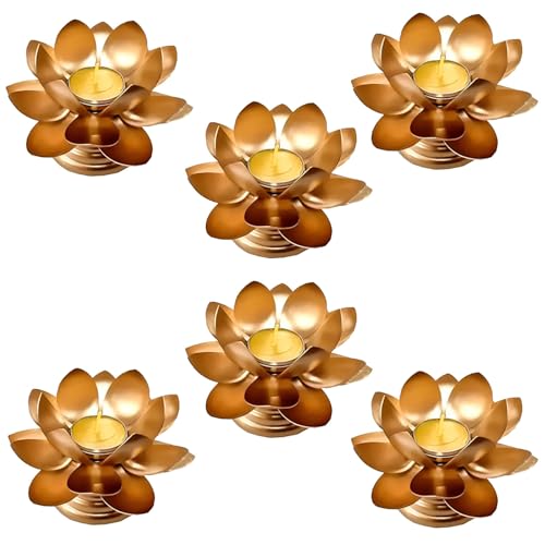 Image of Easyera Beautiful Lotus Tealight Holder Candle Stand Metal Home Decoration Festival Occasions Diwali Ga (Not Include Glass Candle) Golden Pack 6 (Pack of 6- (Golden) Mini Lotus)
