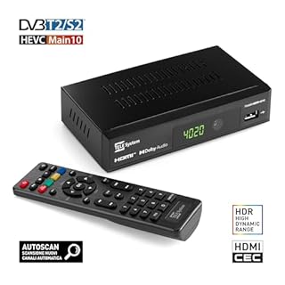 TELE System Decoder TS4020 con doppio tuner DVB-T/T2 e DVB-S/S2 HEVC HD HDR10 HLG. Accedi a TV e radio free to air, terrestri e satellitari. Lettore multimediale USB per musica, foto e video su TV
