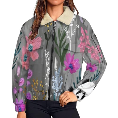 Vestes polaires femme zippé épais en peluche grand taille manteau chaud doublé sherpa fleurs
