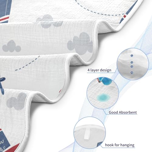 Image of Burbuja Cartoon Airplane Baby Bath Towel - Soft Absorbent Muslin Cotton Hooded Towel for Newborn Infant Toddler, 35x35 in