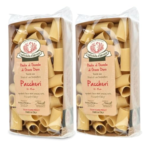 Rustichella d'Abruzzo Paccheri Pasta (2 Pack) - 500g Classic Durum Wheat Large Tube Pasta - Perfect for Hearty Sauces - Cooks in 13-15 Minutes - Authentic Italian Flavor