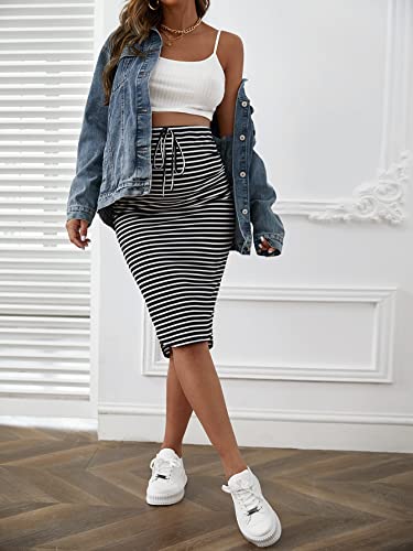Oyoangle Women's Maternity Striped Tie Front High Waist Pregnancy Pencil Midi Skirt Black L #TOP4