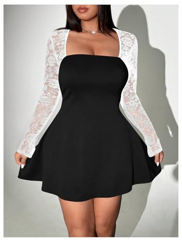 Image of Floerns Women's Plus Size Contrast Lace Sheer Long Sleeve A Line Dress Square Neck Mini Dresses