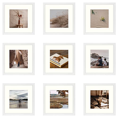 Golden State Art, Picture Frame to Display Photos with Ivory Mat Swivel Tabs, Glass Wide Molding, Collage Square Frames Wall Display - Horizontal/Vertical (White, 12x12 Frame for 8x8 Photo, 9-Pack)