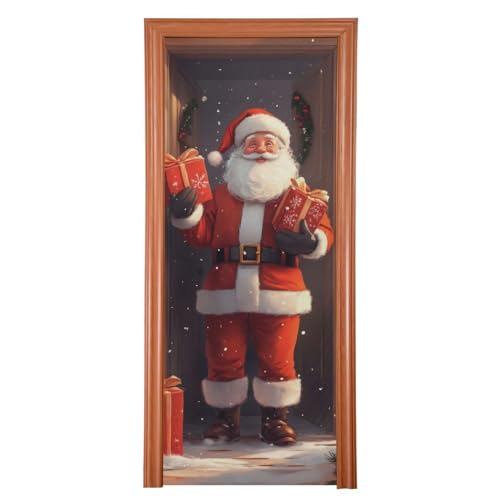 FLildon Christmas Coming Santa Claus Door Cover Decoration, Party Accessory Porch Decor for Festive Ornament Room Door Covers 35 x 79 Inch