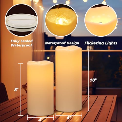 Image of GenSwin Solar Outdoor Waterproof Flameless Candles, 4 inchx8 inch10 inch Large Solar Rechargeable Pillar Candles, Sensor for Dusk to Dawn, for Outdoor, Lanterns, Pation, Home Decor(Set of 2)