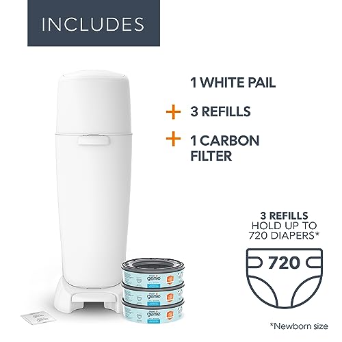 Diaper Genie Complete Pail (White) | Includes 3 Refills that hold up to 810 newborn-size diapers | Includes 1 Carbon Filter