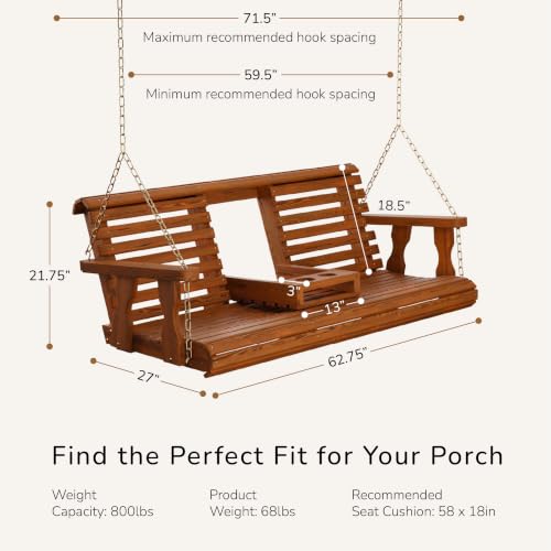 Image of Porchgate Amish Heavy Duty Console Porch Swing with Fold Down Cup Holders in Cedar Stain - Amish Made in The USA from Treated Pine, Hanging Chains Included