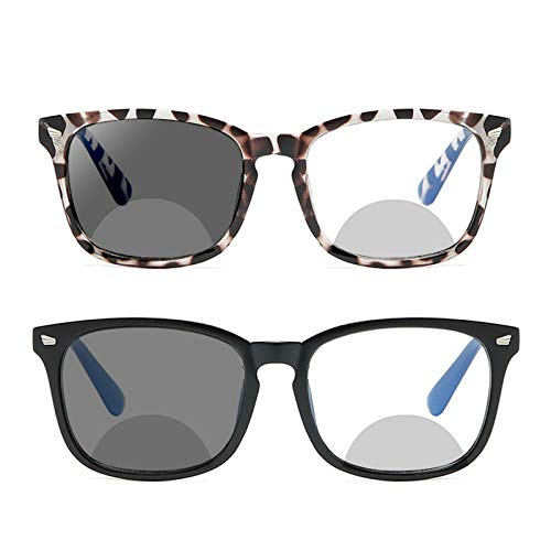 mincl Transition Sunglasses Photochromic Business Bifocal Reading Glasses Men Women 2 pairs Fashion Light Far and Near Presbyopia (2pcs-black&leopard, 2.75)