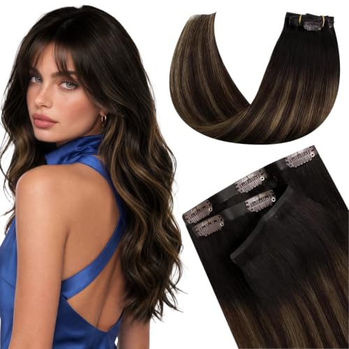 Image of LaaVoo Seamless Clip in Hair Extensions Human Hair Brown Balayage Seamless Clip in Human Hair Extensions Dark Brown Mix Light Brown Hair Extensions Clip ins Invisible PU Weft 18 Inch 110g 7pcs