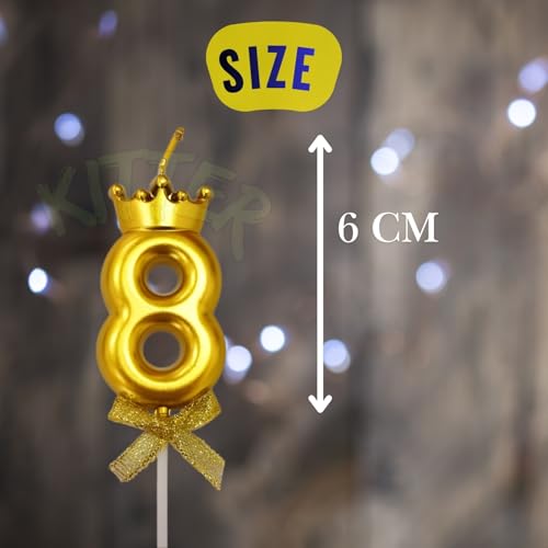 Image of KITTER 1 Pc 8th Birthday Cake Decoration 8 Number Candle for Birthday Cake Metallic Golden Number Eight Crown Candle, Cake Topper 0-9 Number Candles for Anniversary Party (Pack of 1, Gold Colour)