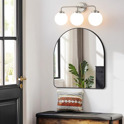 Image of Bathroom Light Fixture 22.4in 3Light Brushed Nickel Vanity Light for Mirror | Bathroom Lighting Fixtures over Mirror, ETL, Brushed Brass Wall Sconce, Dimmable E12 Base Max 60W, Milky Glass Ball Shades