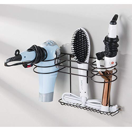 mDesign Bathroom Wall Mount Metal Hair Care & Styling Tool Organizer Storage Basket for Hair Dryer, Flat Iron, Curling Wand, Hair Straighteners, Brushes - Steel Wire - Bronze - Thumbnail 5