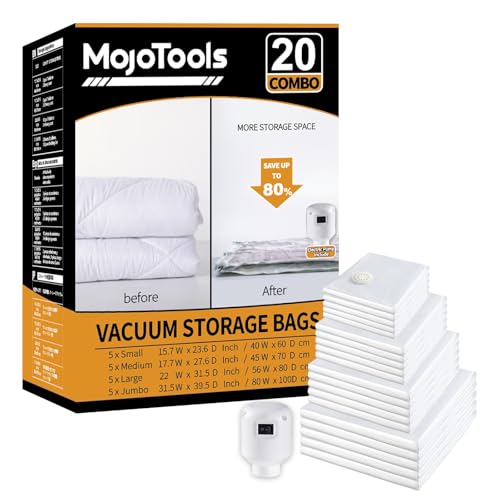Vacuum Storage Bags with Electric Air Pump, 20 Pack (5 Jumbo, 5 Large, 5 Medium,5 Small) Space Saver Bag, Space Saver Bag, Vacuum Sealer Bags for Clothes, Blanket, Duvets, Pillows, Comforters, Travel