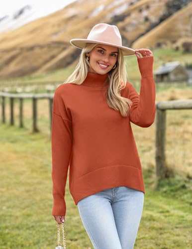 Zeagoo Women's Turtleneck Sweater 2024 Fall Winter Chunky Knitted Pullover High Low Hem Trendy Basic Jumper Top Orange