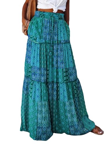 Womens Floral Boho Long Maxi Skirt Elastic High Waist Pleated Ruffle Flowy Tiered Swing Beach Skirt with Pocket