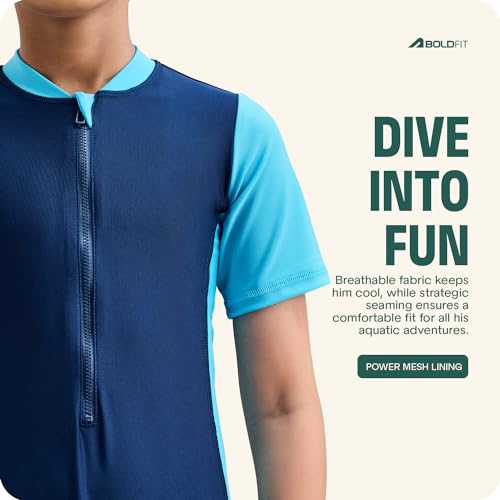 Image of Boldfit Swimming Costume for Kids One Piece Boy Swimming Costume Quick Dry Swim Dress for Boys Stretchable Swim Suit for Boys - Blue, XS