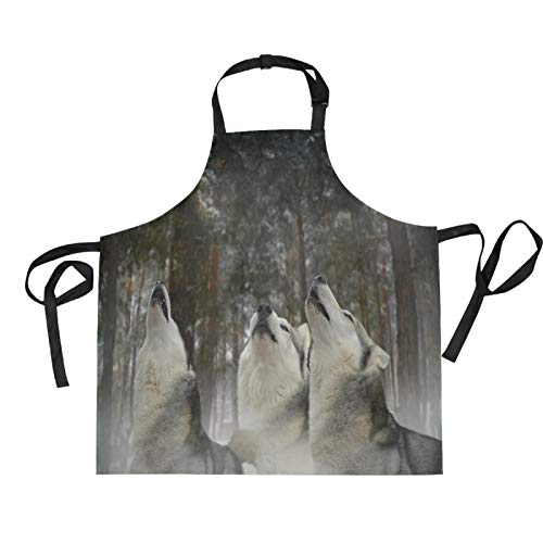 Mnsruu Delantal de cocina de invierno con diseño de lobo y paisaje, 70 x 73,9 cm, con 2 bolsillos frontales para mujeres y hombres