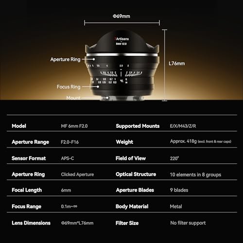 7artisans 6mm F2.0 APS-C Fisheye Ultra Wide Angle 220°Lens Manual Focus Prime Lens Compatiable for Canon R Mount Mirrorless Cameras R7 R10 R50 R100 R50V - Image 4