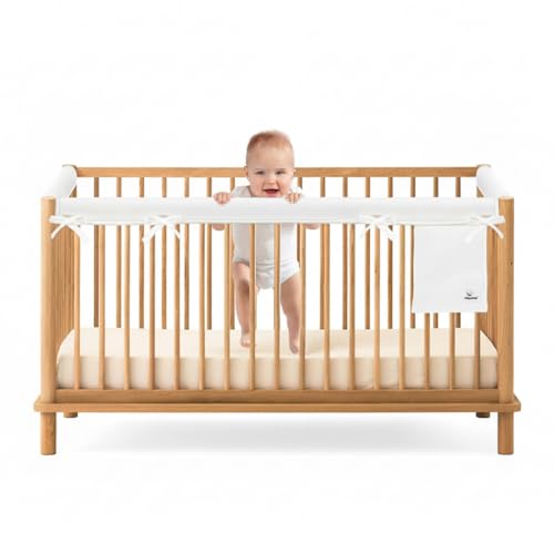 Crib Rail Covers for Teething – Protect Baby Teeth and Save Crib Rails, Fits Standard Full-Size Cribs, Pure White (3-Pack Mesh Fabric (01 Long Panel + 02 Short Panels))