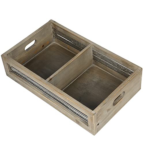 Mygift Rustic Brown Washed Solid Wood Video Tape Storage Box With 2 Divided Compartments And Galvanized Metal Accent, Retro Nostalgic Vhs Dvd Holder Organizer Bin With Cutout Handles #TOP5