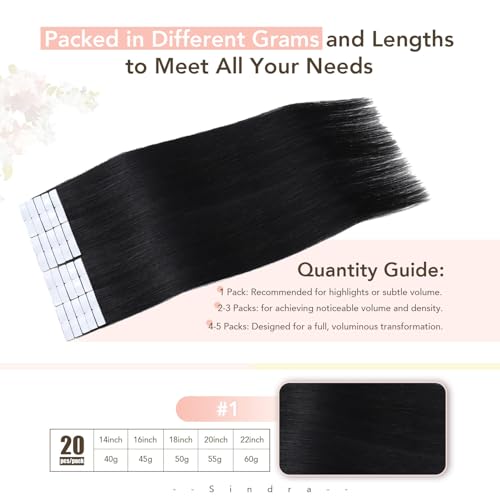 Image of Sindra Invisi Edge Tape in Hair Extensions Human hair Jet Black 16inch | Invisible Seamless Hair Tape in Extensions, 20pcs 45g /pack for Women, Adding Length and Volume