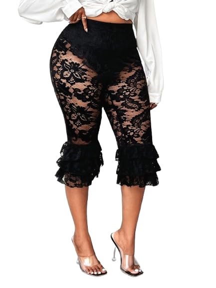 Womens Plus Size Lace Ruffle Layered Capri Pants High Waisted Sheer Cropped Leggings Trousers