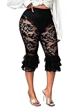 RoseSeek Women's Plus Size Lace Ruffle Layered Capri Pants High Waisted Sheer Cropped Leggings Trousers Black XX-Large Plus