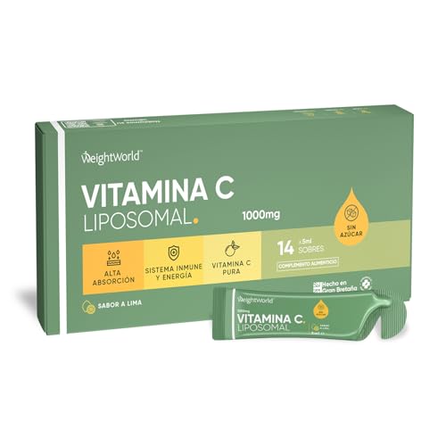 Vitamina C Liposomal 1000mg Líquida, 14 Sobres 5ml, Ácido Ascórbico Puro con Sabor Lima, Sin Azúcar - Apto para Veganos, Sin Lactosa y Sin OGM