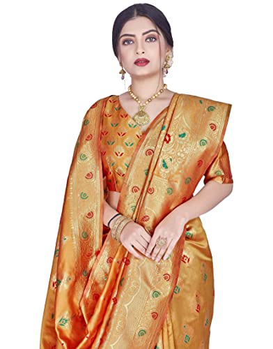 Image of C J Enterprise Women's Jacquard Silk Banarasi Kanjivaram Style Saree Paithani Mustard Yellow