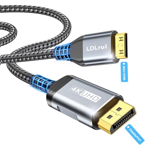LDLrui DisplayPort à Mini HDMI câble 6.6FT,UHD 4K@60Hz(Nylon) - Résistant à la courbure) DP à Mini HDMI Cord unidirectionnel pour bureau, ordinateur portable, moniteur portable,AMD, NVIDIA, ARZOPA, Projecteur,Mini PC