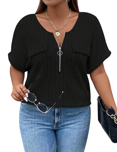 Viracy Plus Size Top for Women Short Sleeve Blouses Zip-up V Neck Top Womens Fashion 2025 Trendy Casual Work Shirt 1X-5X