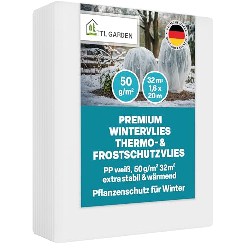 TTL GARDEN 50g/m² Wintervlies 32m² 1,6m x 20m weiß – Frostschutz Thermovlies Gartenvlies Winterschutz für Pflanzen außen – Pflanzenvlies Pflanzenschutz Winter Kübel & Hochbeet