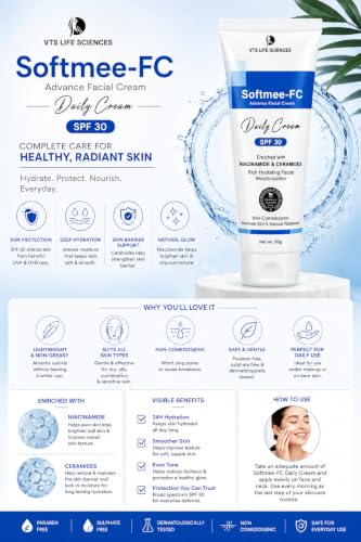 Image of Softmee-FC Advance Facial Cream, SPF 30, with Niacinamide & Ceramides, Non-Comedogenic, 60g