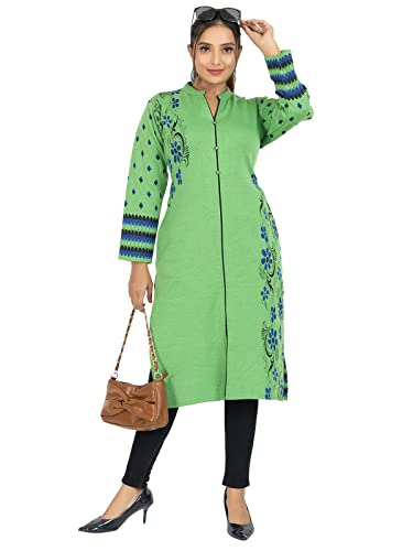 Image of Rosary Women's Winter Wear Jacquard Woolen Straight Kurti with 2 Side Pockets,RZ017JAVALIME-2XL