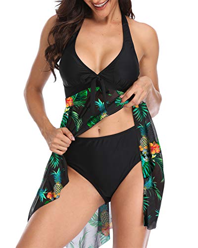 Temptme Women Swimsuit Two Piece Tankini Swimdress Halter Tank Top with Boyshort (Green Floral, Large(US 12-14))
