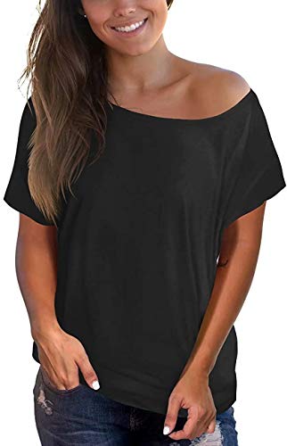 INFITTY Womens Off The Shoulder Batwing Tops Sexy Short Sleeve Loose Plain Baggy Shirts Tunic Blouses Black Large