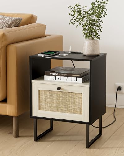 Image of Rattan Nightstand with Charging Station, Boho Night Stand Farmhouse Wood Bedside Table with Storage and Open Shelf, End Side Accent Table for Bedroom,Living Room,Black and Oak