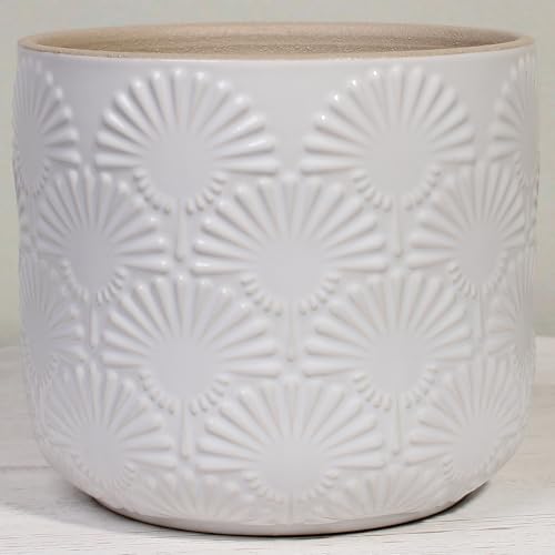 Modern Embossed Ceramic Plant Pot with Fanburst Texture, 6.7" Nordic Minimalist Decorative Planters for Indoor Plants, Glazed Flower Pot with Removable Drainage Plug & Ribbed Interior, Soft Ivory