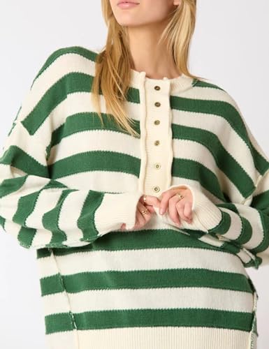 Womens Striped Pullover Sweater Casual Long Sleeve Button Down Crewneck Sweatshirt Oversized Knit Jumper Tops2