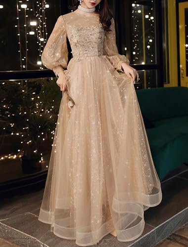 Noufany A-Line Prom Dresses Wedding Guest Party Wear Long Sleeve Jewel Neck Tulle with Sequin 2023 GD8082